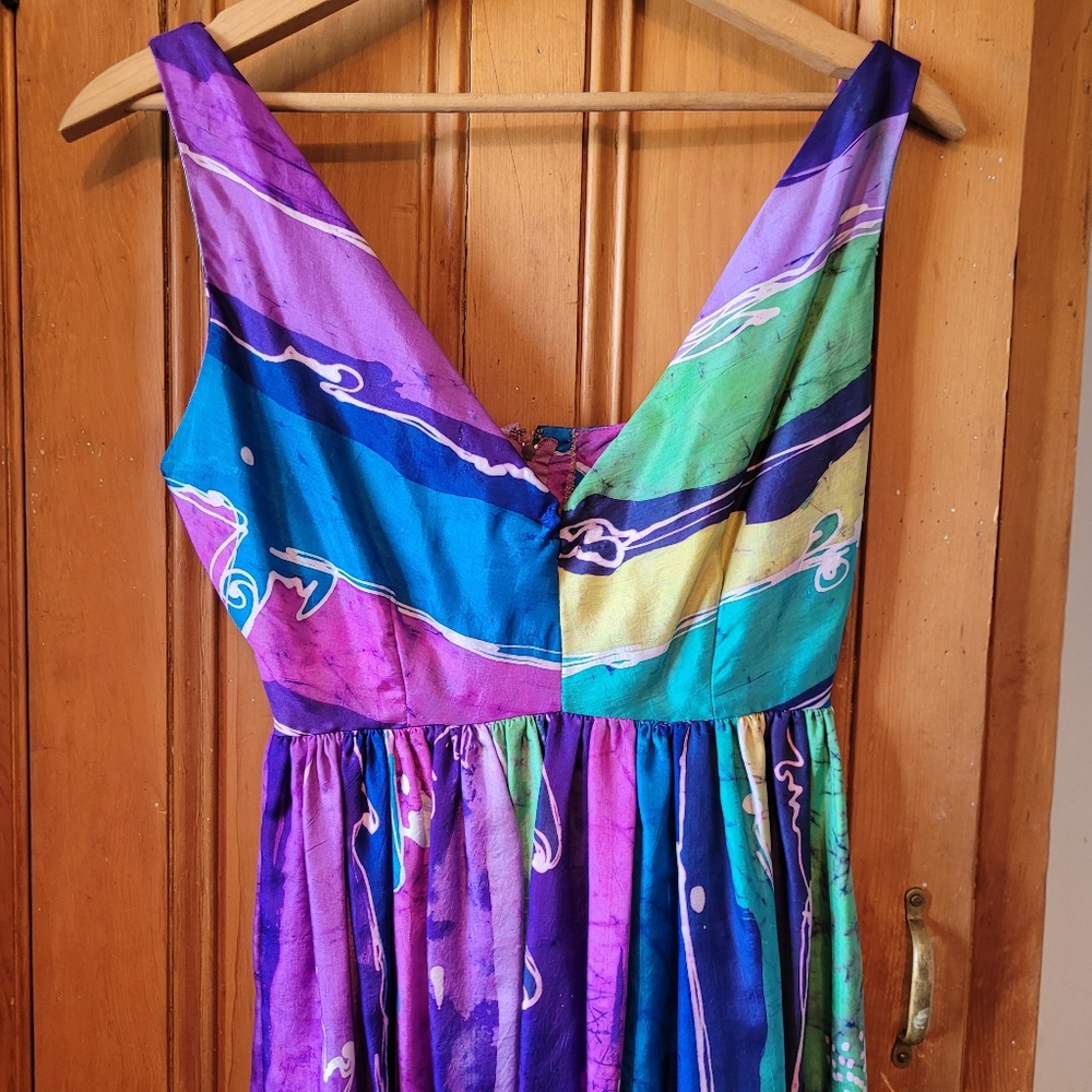 Vintage 70s Silk Batik Maxi Dress Blue And Purple size small Wedding Guest Party - Picture 2 of 7
